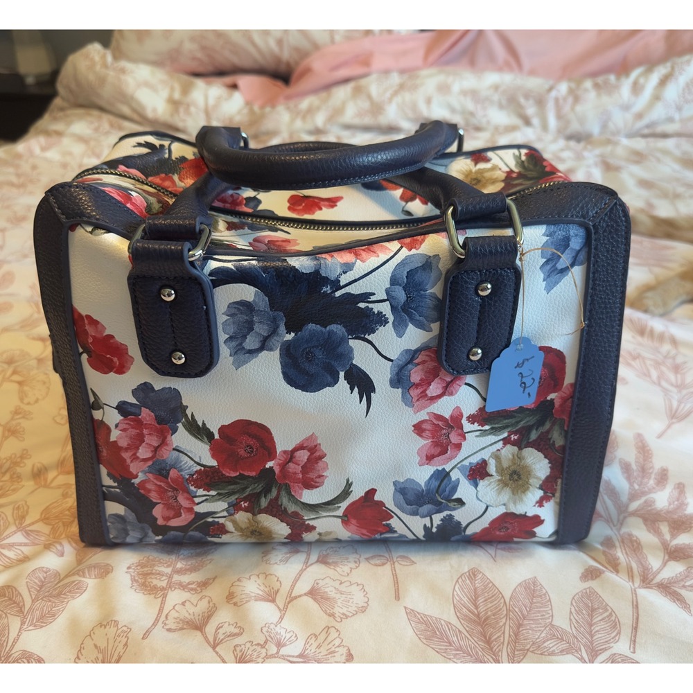 Charming Charlie Floral Satchel Handbag Navy Blue Red White Faux Leather Bag